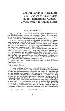 Central Banks As Regulators and Lenders of Last Resort in an International Context: a View from the United States