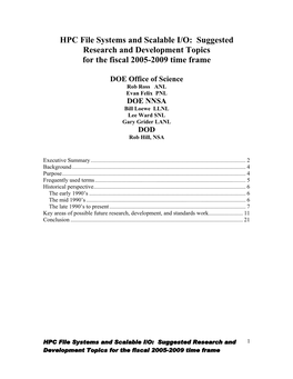 HPC File Systems and Scalable I/O: Suggested Research and Development Topics for the Fiscal 2005-2009 Time Frame