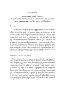 Giovanni Cadioli Pittore: Il Ciclo Della Parrocchiale Di Gazoldo E Altri Appunti (Con Un’Appendice Su Giovanni Ghirlandini)