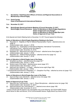 To: Secretaries / Chief Executive Officers of Unions and Regional Associations in Membership of World Rugby