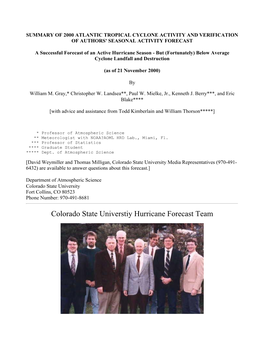 Colorado State Universtiy Hurricane Forecast Team Figure 1: Colorado State Universtiy Hurricane Forecast Team