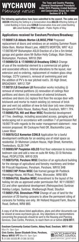 WYCHAVON Order 2015 Planning (Listed Buildings Planning Notices and Conservation Areas) Act 1990 Sections 67 & 73