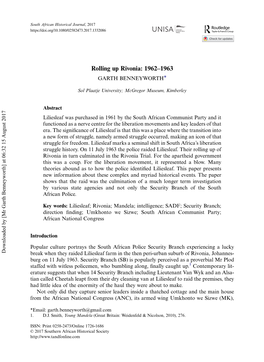 Rolling up Rivonia: 1962–1963 GARTH BENNEYWORTH*