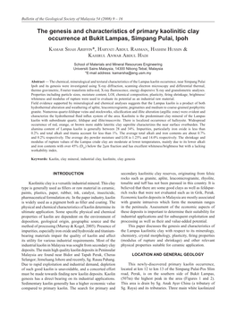 The Genesis and Characteristics of Primary Kaolinitic Clay Occurrence at Bukit Lampas, Simpang Pulai, Ipoh