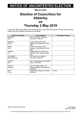 NOTICE of UNCONTESTED ELECTION Election of Councillors