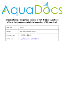 Impact of Small Indigenous Species of Fish (SIS) on Livelihood of Local Fishing Community in Two Upazilas of Mymensingh