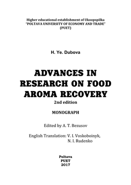 ADVANCES in RESEARCH on FOOD AROMA RECOVERY 2Nd Edition