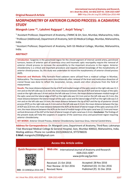 MORPHOMETRY of ANTERIOR CLINOID PROCESS: a CADAVERIC STUDY Mangesh Lone *1, Lakshmi Rajgopal 2, Anjali Telang 3