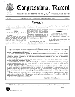 Congressional Record United States Th of America PROCEEDINGS and DEBATES of the 110 CONGRESS, FIRST SESSION