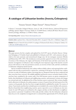 A Catalogue of Lithuanian Beetles (Insecta, Coleoptera) 1 Doi: 10.3897/Zookeys.121.732 Catalogue Launched to Accelerate Biodiversity Research