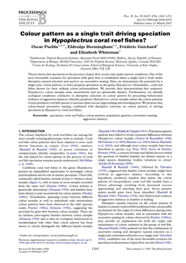 Colour Pattern As a Single Trait Driving Speciation in Hypoplectrus Coral