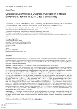 Cutaneous Leishmaniasis Outbreak Investigation in Hajjah Governorate, Yemen, in 2018: Case-Control Study