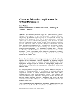 Character Education: Implications for Critical Democracy