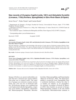 New Records Eunapius Fragilis Ephydatia Fluviatilis Porifera Ebro