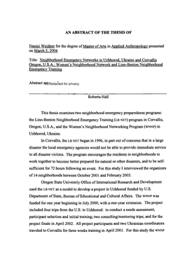 Neighborhood Emergency Networks in Uzhhorod, Ukraine and Corvallis Oregon, U.S.A.: Women's Neighborhood Network and Linn-Benton Neighborhood Emergency Training