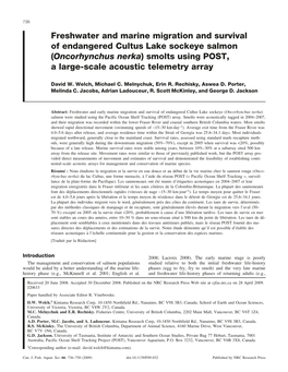 Freshwater and Marine Migration and Survival of Endangered Cultus Lake Sockeye Salmon (Oncorhynchus Nerka) Smolts Using POST, a Large-Scale Acoustic Telemetry Array