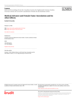 Medical Advance and Female Fame: Inoculation and Its After-Effects Isobel Grundy