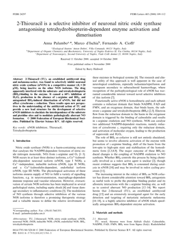 2-Thiouracil Is a Selective Inhibitor of Neuronal Nitric Oxide Synthase Antagonising Tetrahydrobiopterin-Dependent Enzyme Activation and Dimerisation