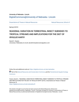 Seasonal Variation in Terrestrial Insect Subsidies to Tropical Streams and Implications for the Diet of Rivulus Hartii