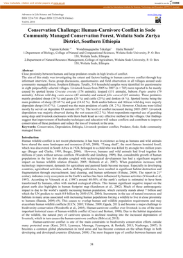 Human-Carnivore Conflict in Sodo Community Managed Conservation Forest, Wolaita Sodo Zuriya District, Southern Ethiopia