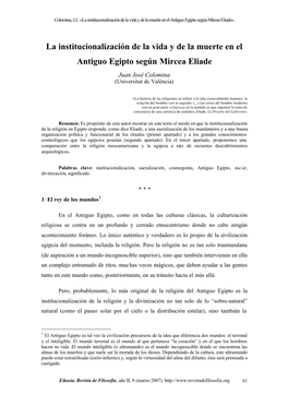 La Institucionalización De La Vida Y De La Muerte En El Antiguo Egipto Según Mircea Eliade»