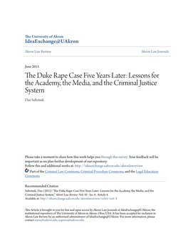 The Duke Rape Case Five Years Later: Lessons for the Academy, the Media, and the Criminal Justice System Dan Subotnik