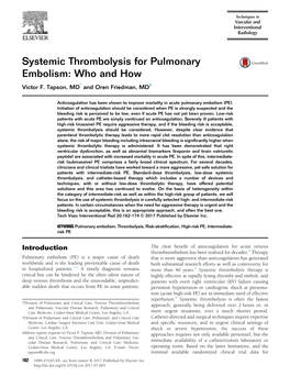 Systemic Thrombolysis for Pulmonary Embolism Who And