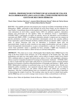 Proposição De Um Índice De Qualidade De Uma Sub Bacia Hidrográfica Do Lago Guaíba, Como Instrumento De Gestão De Recursos Hídricos