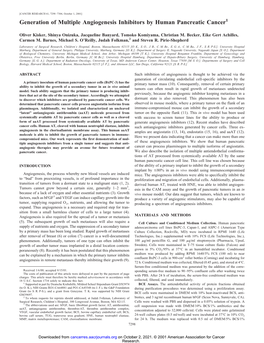 Generation of Multiple Angiogenesis Inhibitors by Human Pancreatic Cancer1