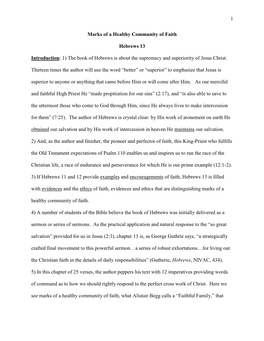 1 Marks of a Healthy Community of Faith Hebrews 13 Introduction: 1