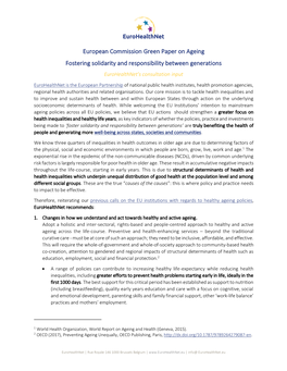 European Commission Green Paper on Ageing Fostering Solidarity and Responsibility Between Generations Eurohealthnet’S Consultation Input