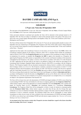 DAVIDE CAMPARI-MILANO S.P.A. (Incorporated with Limited Liability Under the Laws of the Republic of Italy) €600,000,000 2.75 Per Cent