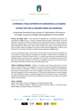 A Ferrara L'italia Affronta in Amichevole La Svizzera