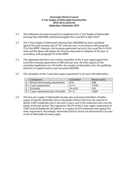 Sevenoaks District Council 5 Year Supply of Deliverable Housing Sites 2019/20 to 2023/24 Addendum: September 2019