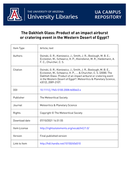 The Dakhleh Glass: Product of an Impact Airburst Or Cratering Event in the Western Desert of Egypt?