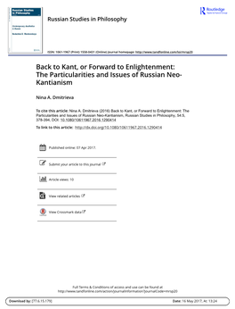 The Particularities and Issues of Russian Neo- Kantianism