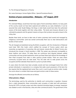 Eviction of Poor Communities - Malaysia – 15Th August ,2019