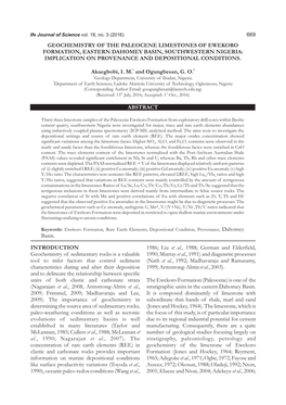 Geochemistry of the Paleocene Limestones of Ewekoro Formation, Eastern Dahomey Basin, Southwestern Nigeria: Implication on Provenance and Depositional Conditions