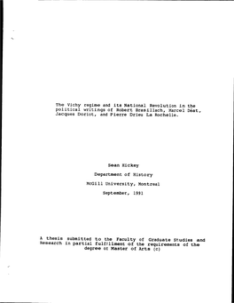 The Vichy Regime and I Ts National Revolution in the Pol I Tical Wri Tings of Robert Bras Illach, Marcel Déat, Jacques Doriot, and Pierre Drieu La Rochelle