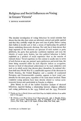 Religious and Social Influences on Voting in Greater Victoria*