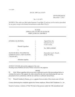 Raines V. Illinois Bell Telephone Company 2012 Il. APP (1St) 113679