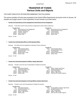 19-0227-EX1 TRANSFER of FUNDS Various Units and Objects