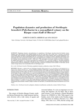 Population Dynamics and Production of Streblospio Benedicti (Polychaeta) in a Non-Polluted Estuary on the Basque Coast (Gulf of Biscay)*