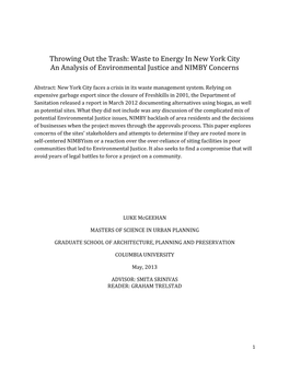 Waste to Energy in New York City an Analysis of Environmental Justice and NIMBY Concerns