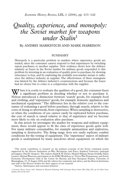 The Soviet Market for Weapons Under Stalin1 by ANDREI MARKEVICH and MARK HARRISON