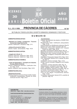 Boletín Oficial De La Provincia De Cáceres