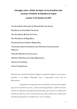 Mensagem Sobre O Estado Da Nação, De Sua Excelência João Lourenço, Presidente Da República De Angola Luanda, 15 De Outubro