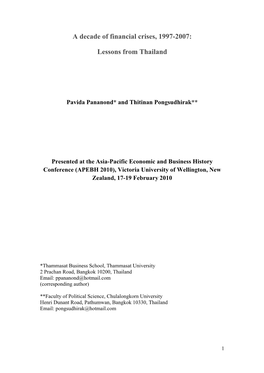 A Decade of Financial Crises, 1997-2007: Lessons from Thailand