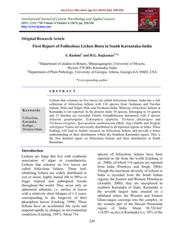 First Report of Foliicolous Lichen Biota in South Karnataka-India