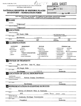 Data Sheet National Park Service National Register of Historic Places Inventory - Nomination Form